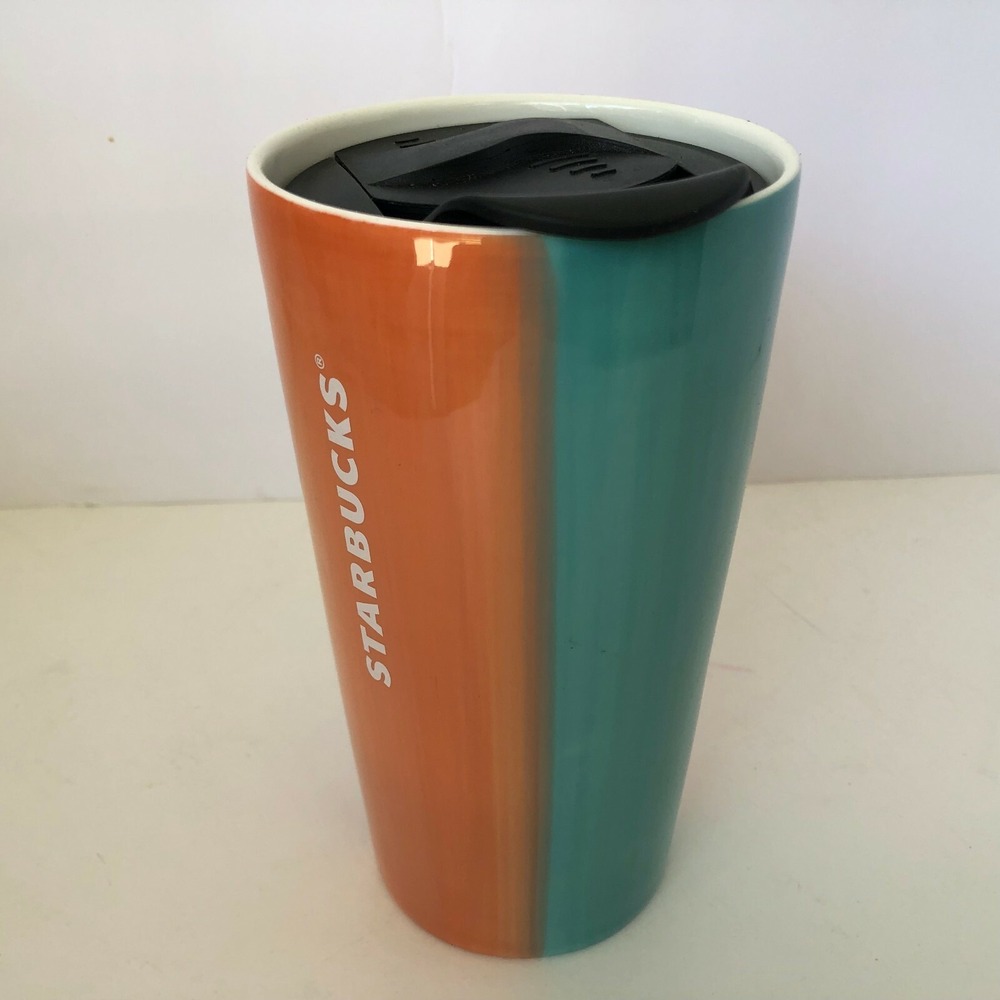 2020 STARBUCKS Travel Mug Orange Blue Ceramic Tumbler 12oz Summer Collectable!